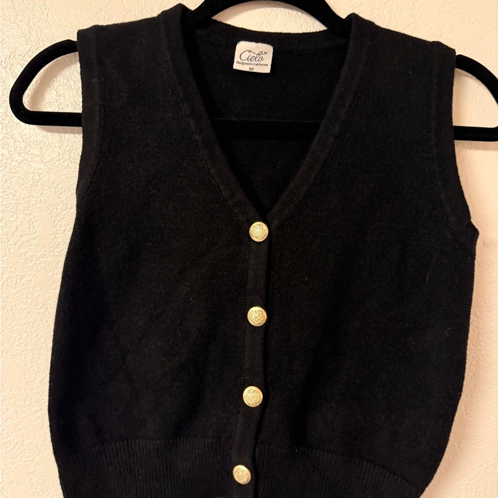 Cielo Black V-Neck Sweater Vest with Gold Buttons